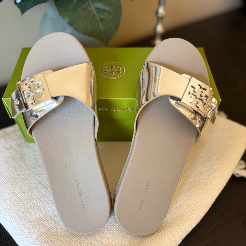 Tory Burch Metallic Silver Slide Sandals